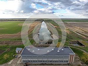 Water pumping station of irrigation system of rice fields. View