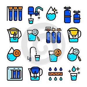 Water purification color icons set