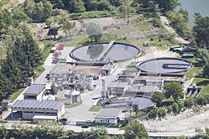 Water purification plant with buildings and trees