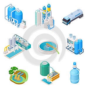 Water purification technology. Isometric treatment water industrial system, wastewater separator vector isolated set