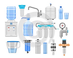 Water purifier. Cleaning filtration and antibacterial water treatment, home purification equipment with filters valve