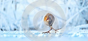 Water Rail Rallus aquaticus funny running on the ice and on the frozen surface of the lake, amazing rare photo