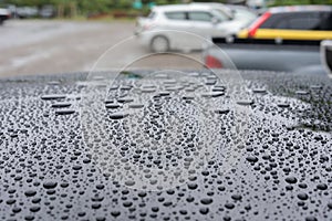 Water rain drop on black modern vehicle car with glass coating