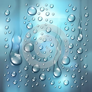 Water rain drops or condensation over blurred background beyond the window realistic transparent 3d  illustration, easy to