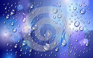 Water rain drops or condensation over blurred background beyond the window realistic transparent 3d vector illustration, easy to