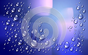 Water rain drops or condensation over blurred background beyond the window realistic transparent 3d vector illustration, easy to