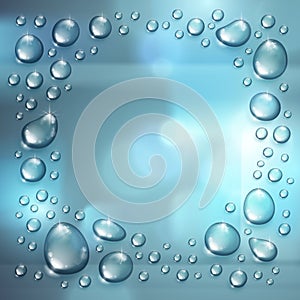 Water rain drops or condensation over blurred background frame with copy space realistic transparent 3d vector illustration, easy
