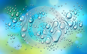Water rain drops or condensation over blurred green and blue nature background beyond the window, realistic transparent 3d vector