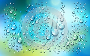 Water rain drops or condensation over blurred green and blue nature background beyond the window, realistic transparent 3d vector