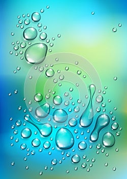 Water rain drops or condensation over blurred green nature background beyond the window, realistic transparent 3d vector