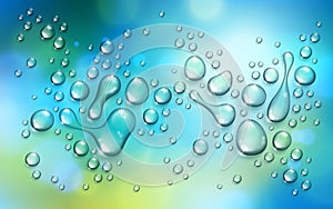 Water rain drops or condensation over blurred green nature background beyond the window, realistic transparent 3d vector