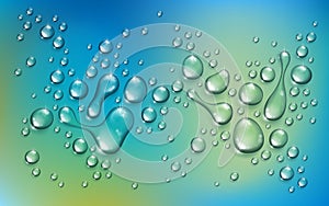 Water rain drops or condensation over blurred green nature background beyond the window, realistic transparent 3d vector
