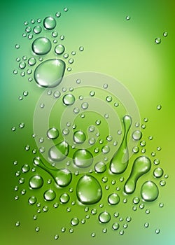 Water rain drops or condensation over blurred green nature background beyond the window, realistic transparent 3d vector