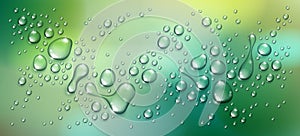 Water rain drops or condensation over blurred green nature background beyond the window, realistic transparent 3d vector