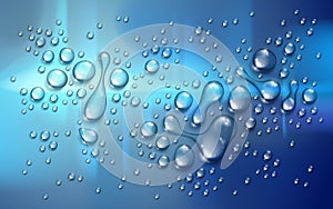 Water rain drops or condensation over blurred night city background beyond the window, realistic transparent 3d vector