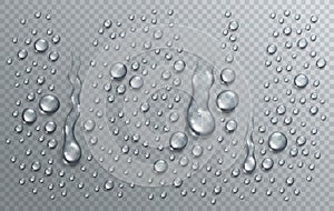 Water rain drops or condensation in shower realistic transparent 3d vector composition over transparency checker grid, easy to put