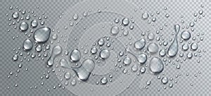 Water rain drops or condensation in shower realistic transparent 3d vector composition over transparency checker grid, easy to put