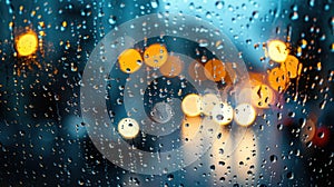 Water and rain drops on the glass, abstract view. night city bokeh