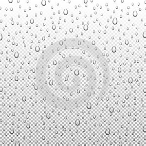 Water rain drops or steam shower isolated on transparent background. Realistic pure droplets condensed, vector illustration