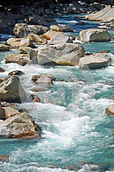 Water rapids between river boulders