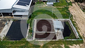 Water recycling in sewage treatment plant. Aerial view of waste water treatment