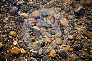 Water reflecting over round stone in clear river