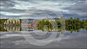 Water reflection of the buildings in the waterfront in Gravenhurst, Ontario, Canada