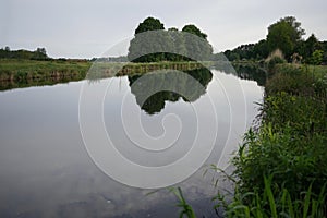 Water reflection of Havel river canal VoÃŸkanal in Krewelin, Oberhavel, Ruppiner Lakeland, Brandenburg