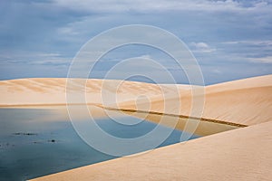 Water reflection and sand dunes in a cloudy day - exotic natural landscape in northern Brazil