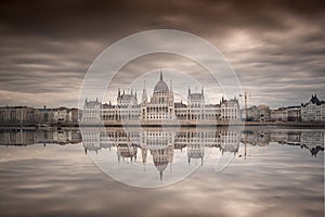 The big parlement in Budapest with water reflexion photo