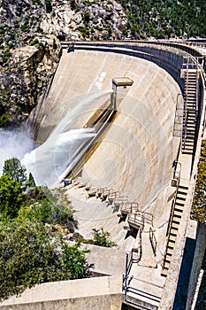 Water release at O`Shaughnessy Dam due to high levels of snow melt at Hetch Hetchy Reservoir in Yosemite National Park;  One of