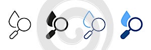 Water Research Silhouette and Line Icon Set. Magnifying Glass with Drop Water Black and Color Pictogram. Laboratory Test