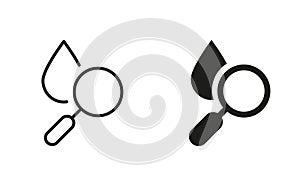 Water Research Silhouette and Line Icon Set. Magnifying Glass with Drop Water Black Pictogram. Laboratory Microbiology