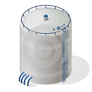 Water reservoir isometric building info graphic. Big water reservoir supply.