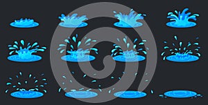 Water ripple animation. Cartoon splash fx effect 2d game, sprite sheet frames liquid drop, storyboard motion effect rain