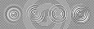 Water ripple. Realistic caustic drop or sound wave splash effects, concentric circles in puddle. Vector set on