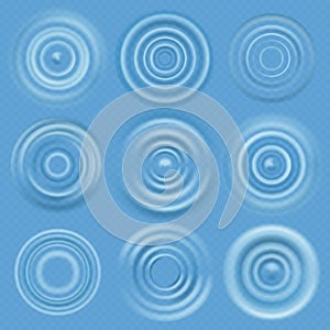 Water ripple. Realistic concentric circles in puddle. Vector round wave surfaces on transparent background
