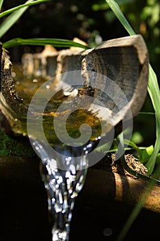 The water run through the bamboo