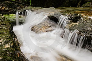 Water runs down a small stream, long exposure