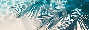 Water and sand background. Blue aqua texture, surface of ripples, transparent palm leaf shadows and sunlight. Spa or