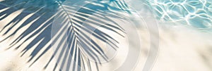 Water and sand background. Blue aqua texture, surface of ripples, transparent palm leaf shadows and sunlight. Spa or