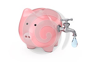 Water Saving Concept. Piggy Bank with Water Tap and Water Drop. 3d Rendering