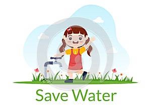 Water Saving Templates Hand Drawn Flat Cartoon Illustration for Mineral Savings Campaign with Faucet and Earth Concept