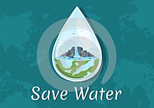 Water Saving Templates Hand Drawn Flat Cartoon Illustration for Mineral Savings Campaign with Faucet and Earth Concept