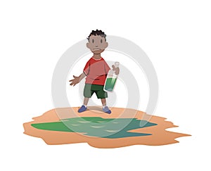 Water scarcity concept. African boy took drinking water from a dirty puddle. Bad drinking water is the cause of