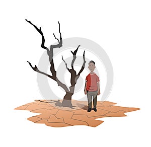 Water scarcity concept. An African man stands next to a withered tree on the cracked earth. Drought, crop failure
