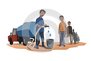 Water scarcity concept. African people stand in line for water. The water truck. Vector illustration isolated on white