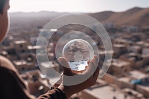 Water scarcity concept - a little boy holding a water blob, looking at a drought deserted city. Generative AI