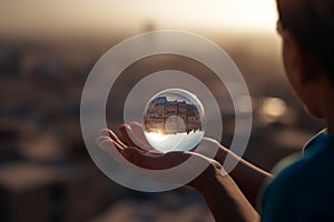 Water scarcity concept - a little boy holding a water blob, looking at a drought deserted city. Generative AI