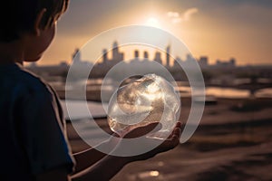 Water scarcity concept - a little boy holding a water blob, looking at a drought deserted city. Generative AI